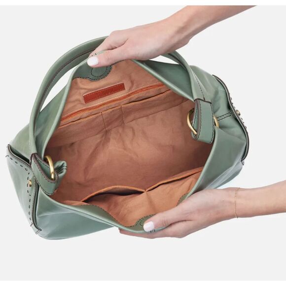 Hobo SENECA Shoulder Bag Jade Green EUC Genuine Leather Tote Patent Leather Gold - Picture 4 of 10